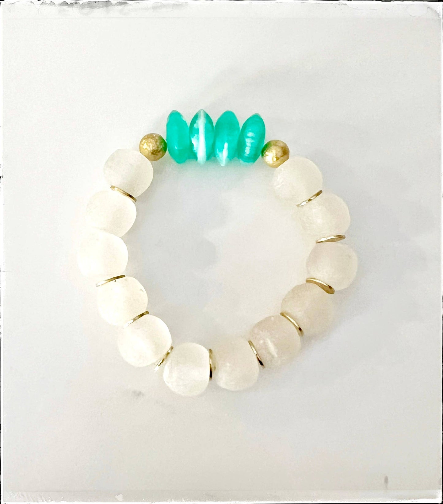 Acrylic Resin & Recycled Glass Bead Stretch Bracelet- Teal