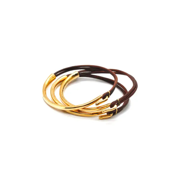 LIZOU Natural Dark Brown Leather + Gold Bangle Bracelet