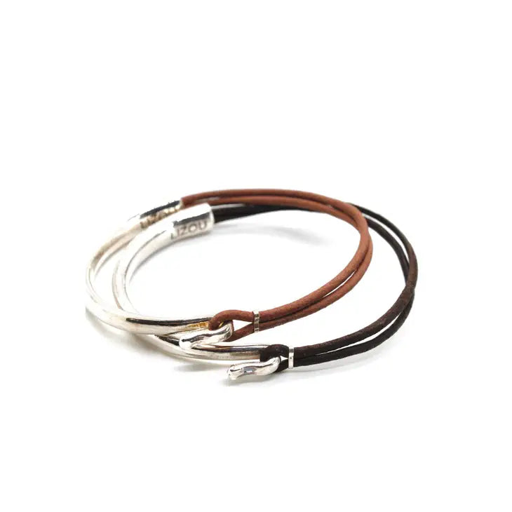 LIZOU Silver and Leather Two Bracelet Combo