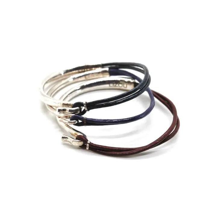 Lizou Three Leather and Silver Bracelet Combo