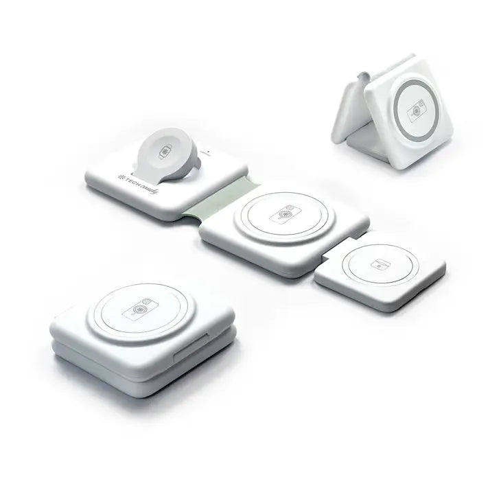 Three Way Charging Valet by Tech Candy in three positions: unfolded, folded into square and folded into triangle