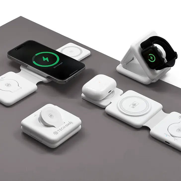 4, Three Way Charging Valet by Tech Candy one folded, one charging a phone, one charging earbuds, and one charging a smartwatch