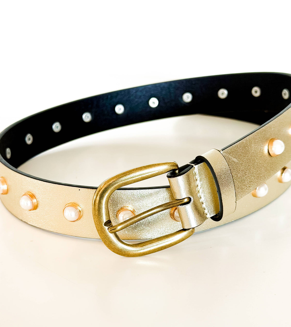 Pearl Studded Belt Gold Leather