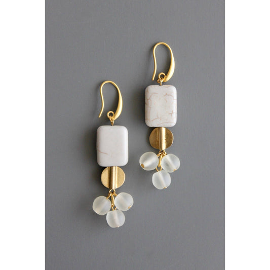 Dangling Stone Brass and Vintage Glass Cluster Earrings