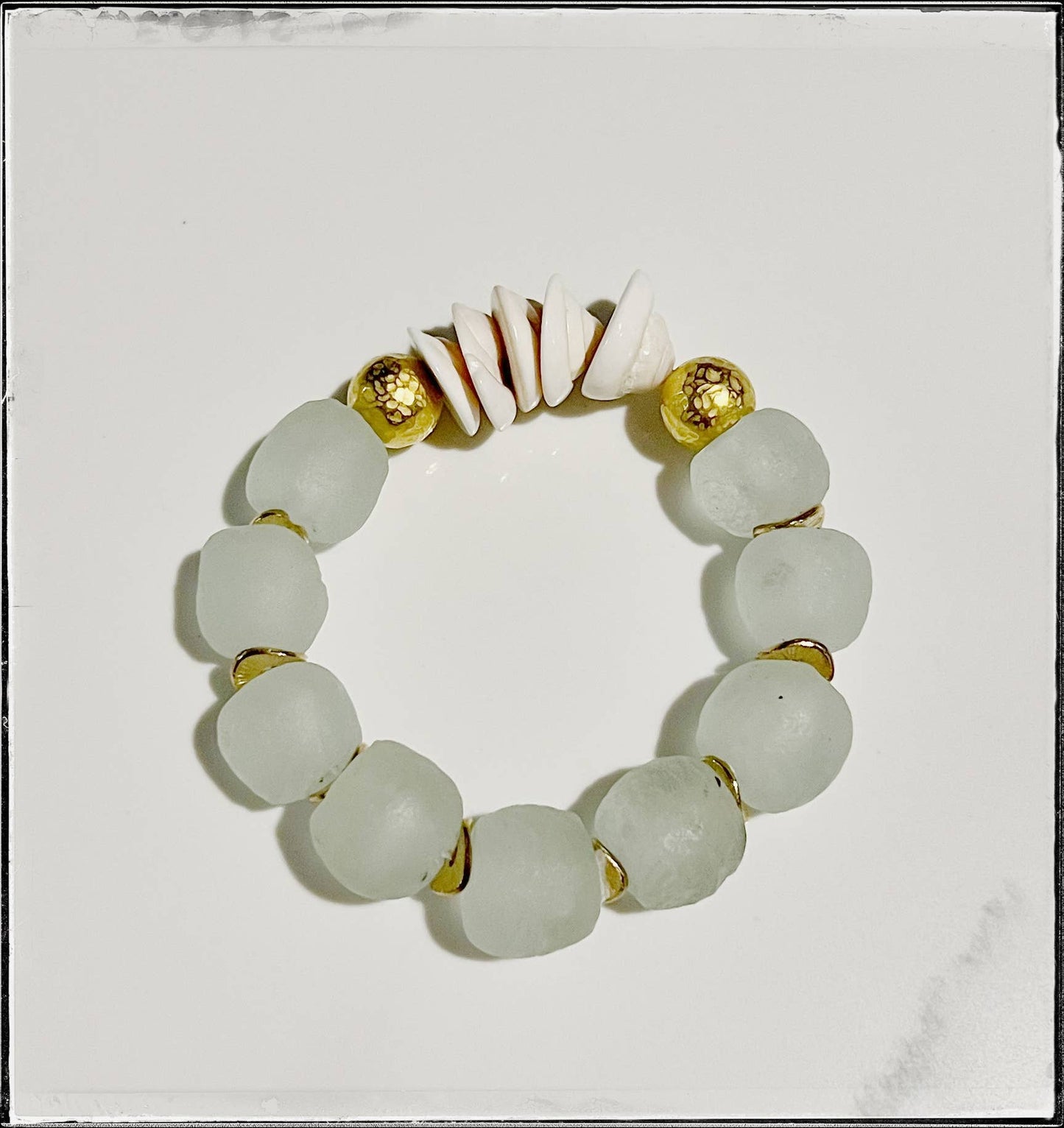 Natural Shell & Recycled Glass Bead Stretch Bracelet in Clear