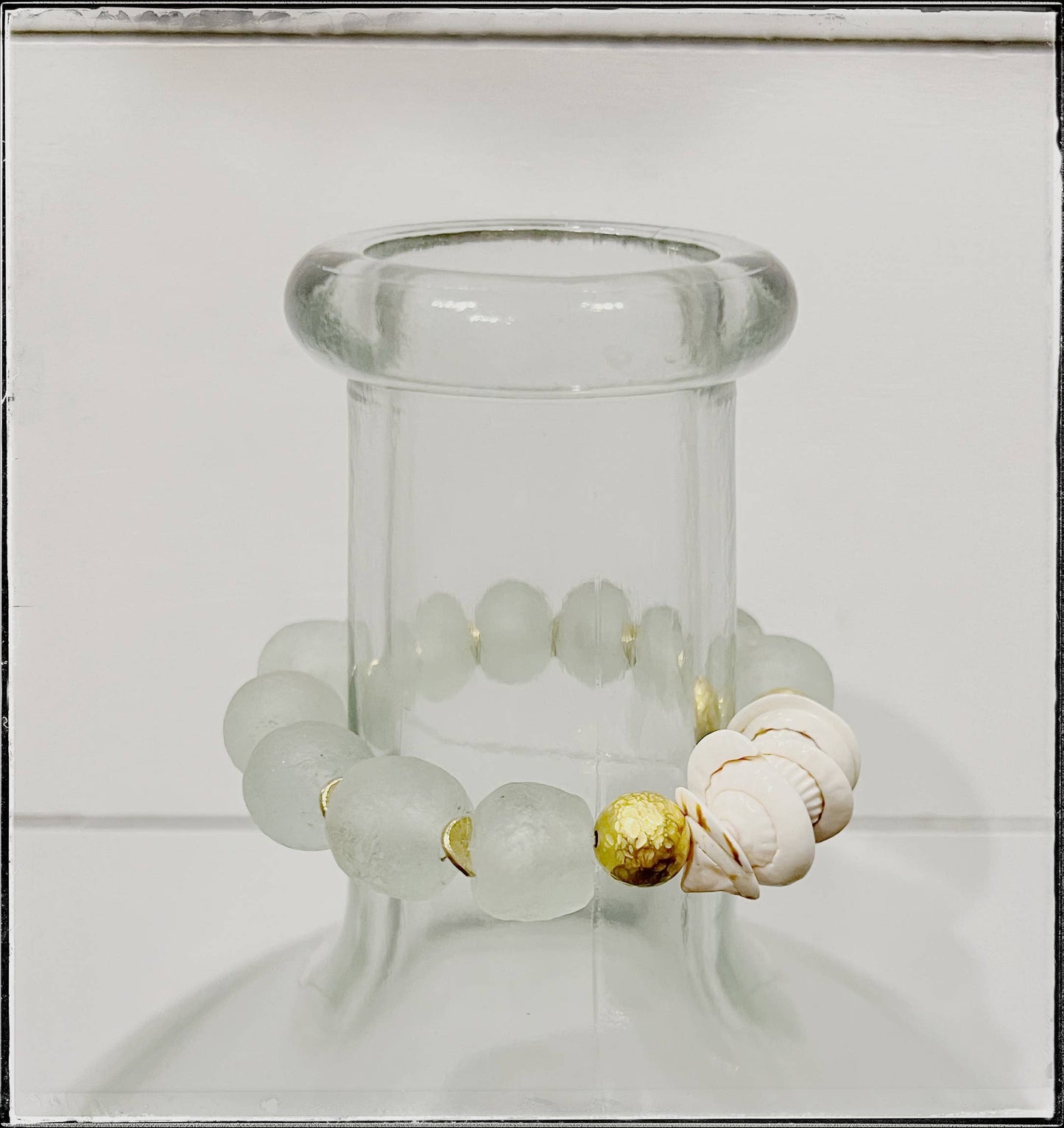 Natural Shell & Recycled Glass Bead Stretch Bracelet in Clear