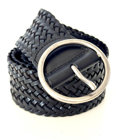Classic Wide Braided Leather Belt in Black