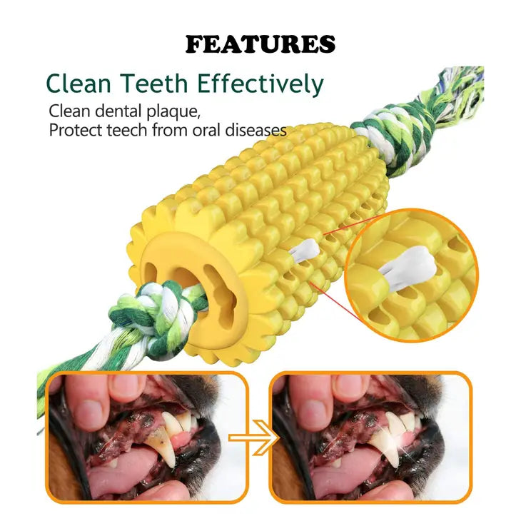Graphic showing the effectiveness of the corn cob toothbrush cleaning dog chew toys in yellow with green and white tassels by JSBlueRidge Toys