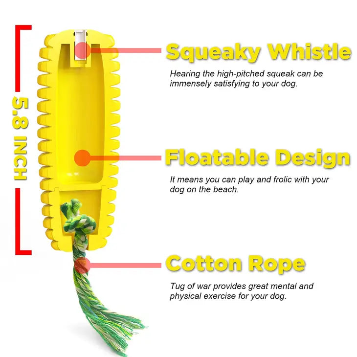 Graphic showing the structure and interior of the corn cob toothbrush cleaning dog chew toys in yellow with green and white tassels by JSBlueRidge Toys