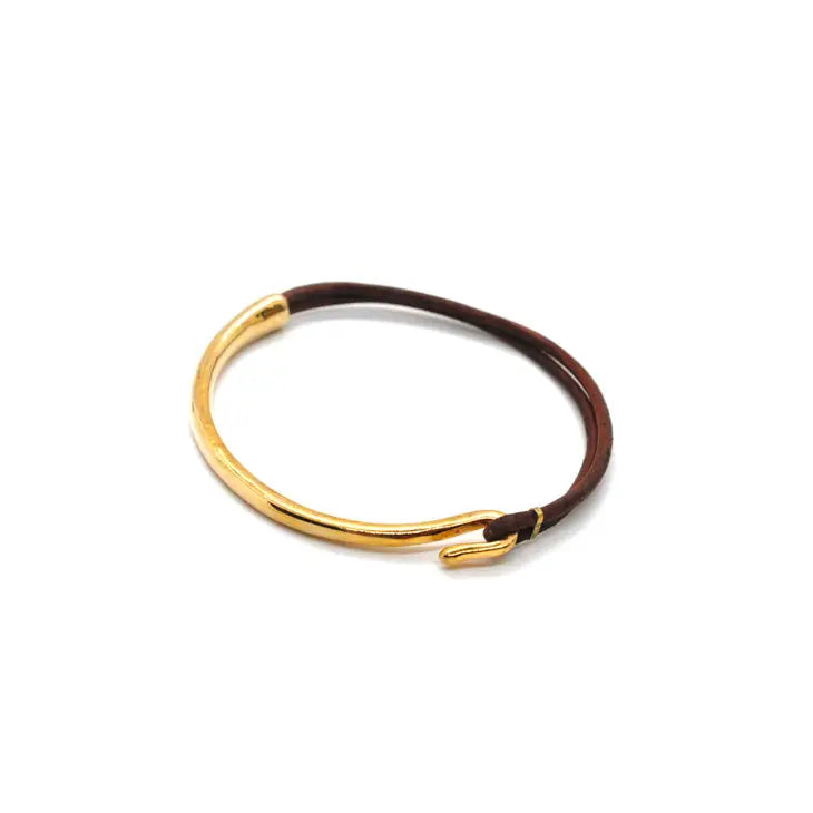LIZOU Natural Dark Brown Leather + Gold Bangle Bracelet