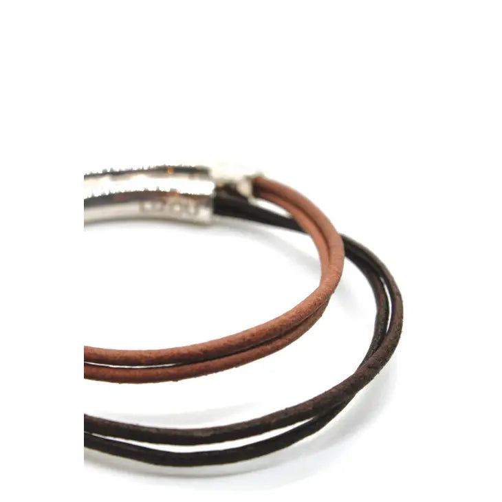 LIZOU Silver and Leather Two Bracelet Combo