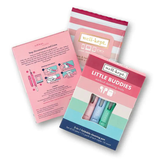 Litte Buddies Earbud Cleaning Kit by Stay Well Kept tech wipes and 3-1 pen front and back