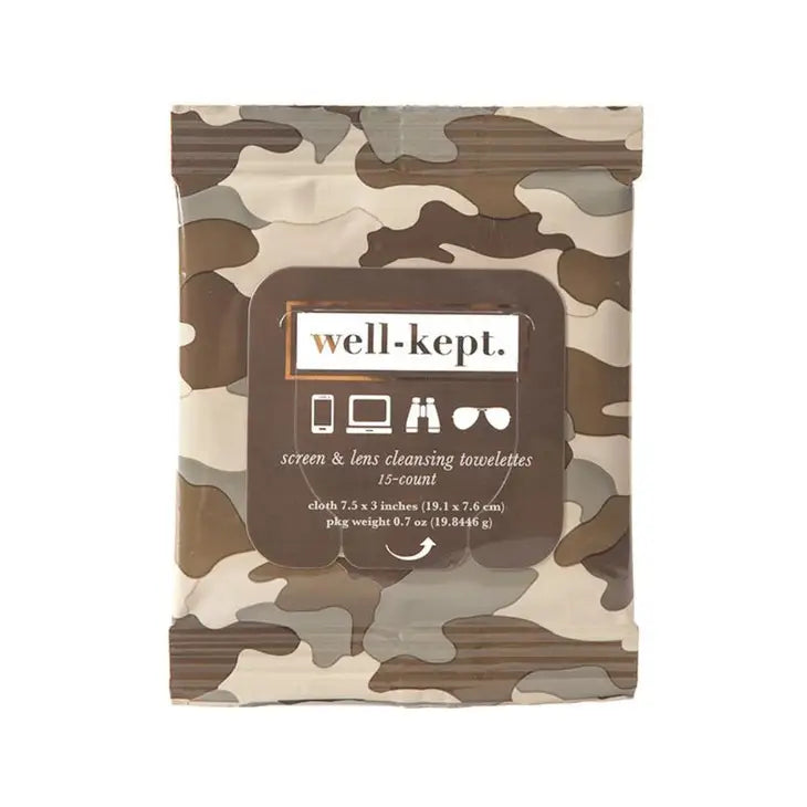 One package of tech wipes, 15 count, by Stay Well Kept in Frank Camouflage Pattern