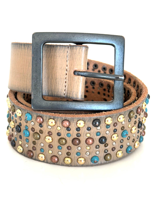 Leather Belt in tan with Multi Colored Studs