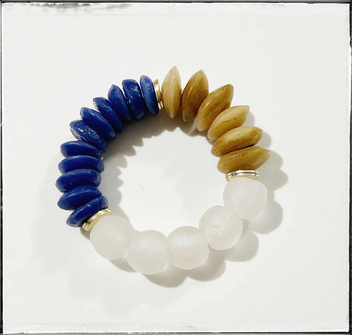 Beaded Stretch Bracelet with Blue Ashanti Glass & Recycled Glass