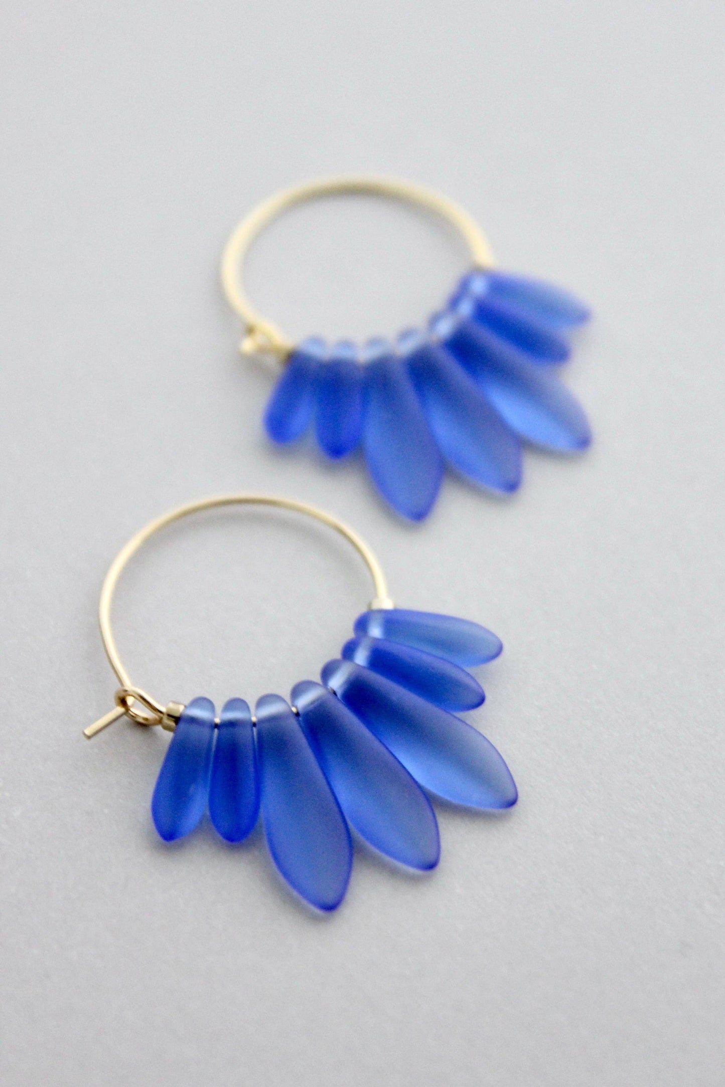 Blue and Gold Glass Drop Hoop Earrings