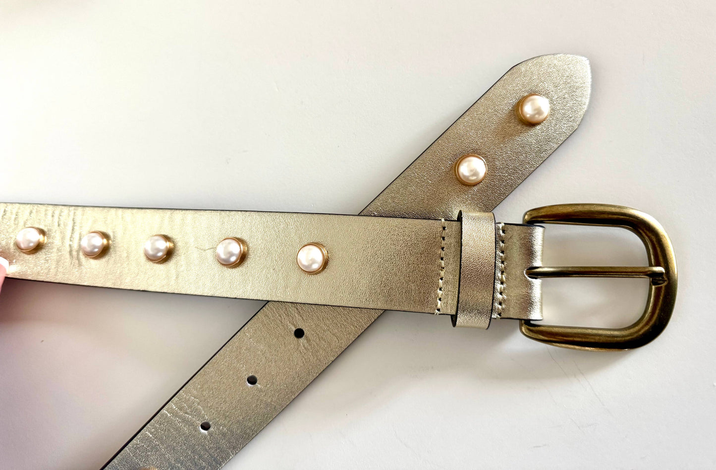 Pearl Studded Belt Gold Leather