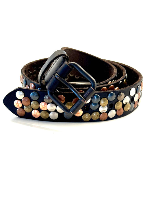 Black Leather Belt with Multi Color Studs