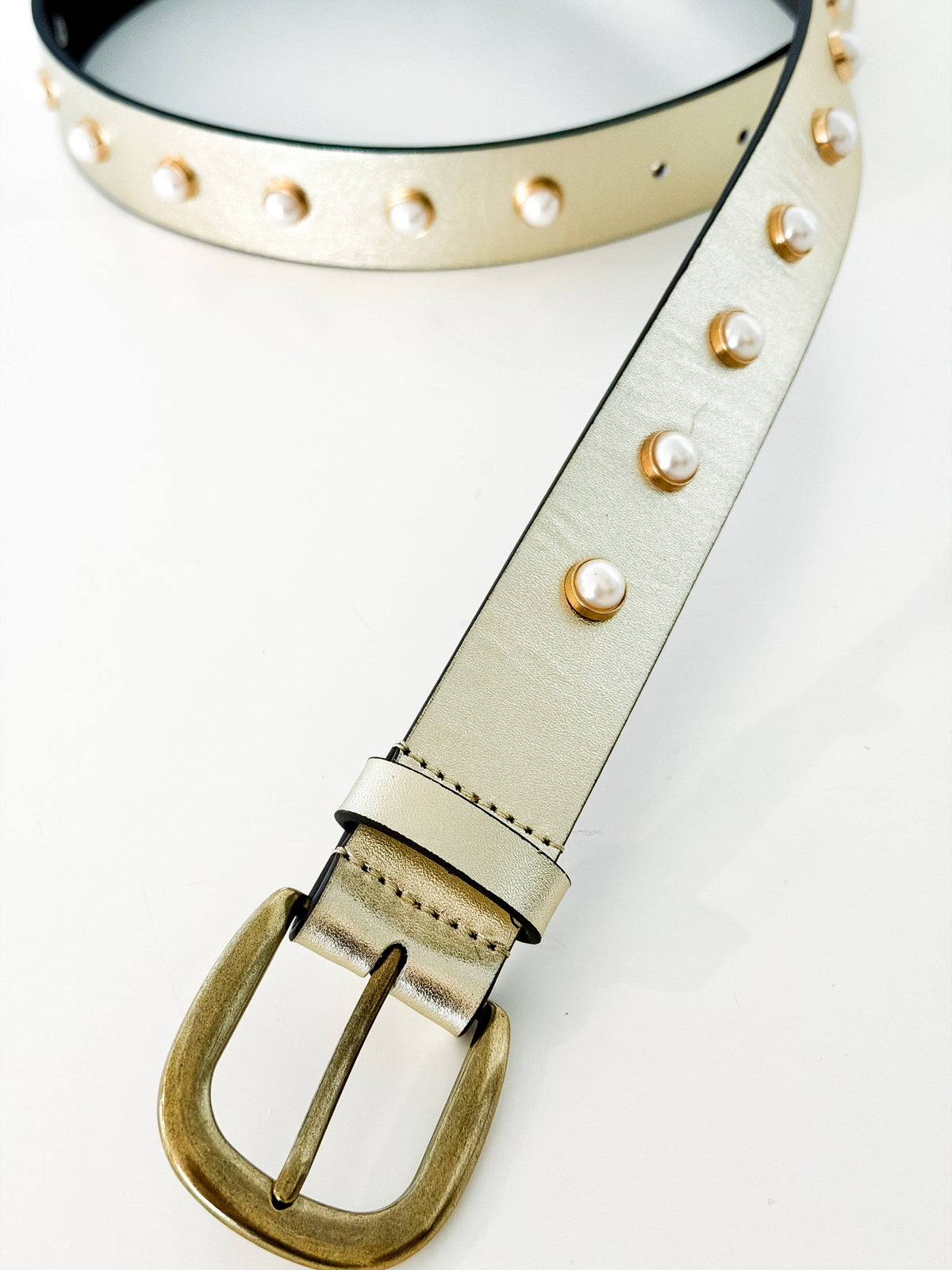 Pearl Studded Belt Gold Leather