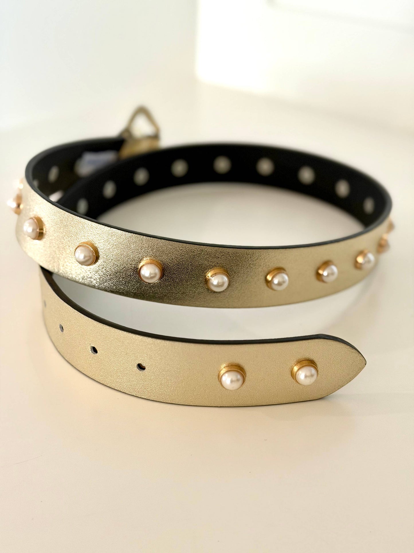 Pearl Studded Belt Gold Leather