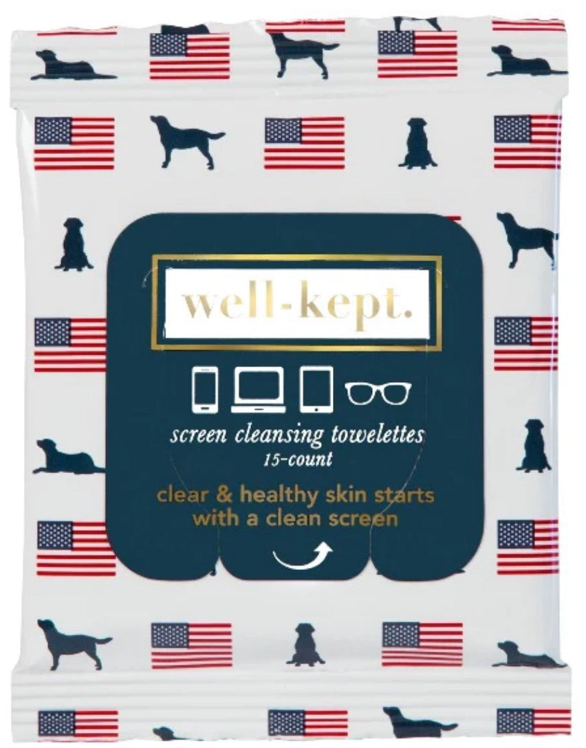 One package of Stay Well Kept tech wipes, 15 count per pack, Old Glory pattern