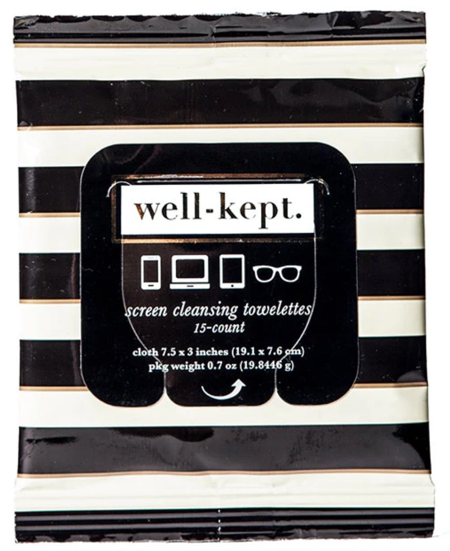 One package of Stay Well Kept tech wipes, 15 count per pack, Buckhead pattern